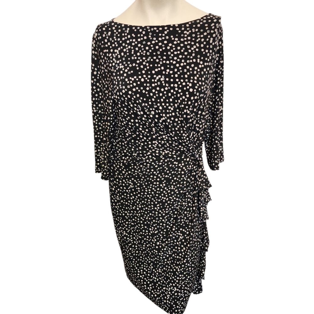 Lauren Ralph Lauren Dress 14 Black White Polka Dot Ruched Side Sheath Midi